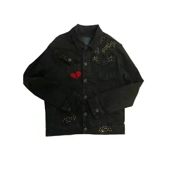 Kloud9 Unisex Medium Black Denim Jacket Destroyed Logo Heartbreaker Embellished - Picture 2 of 11